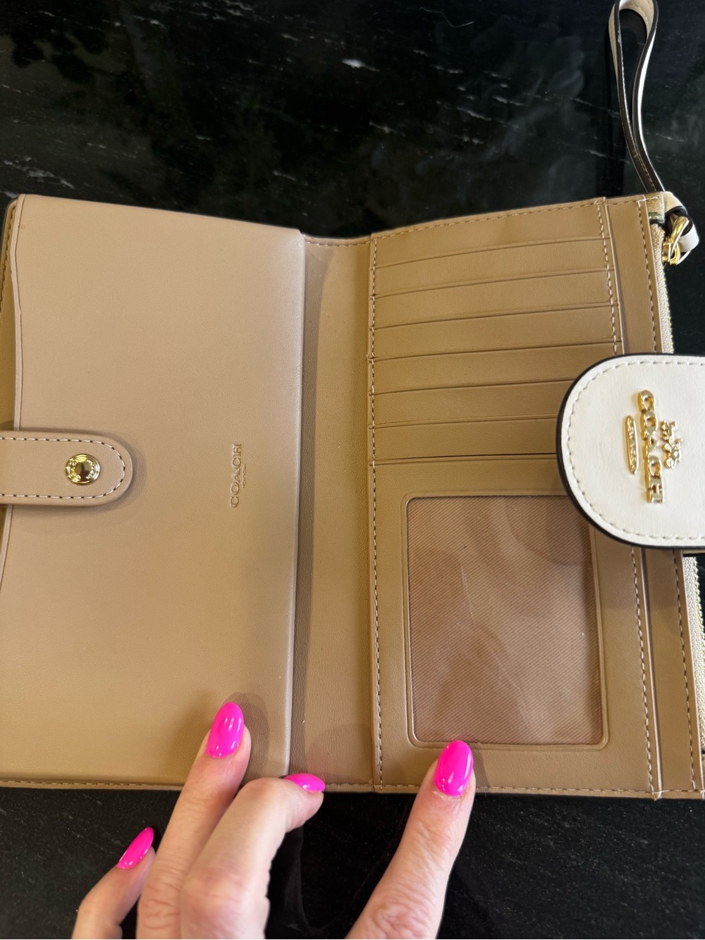 Coach Tan and Chalk Floral Signature Wristlet with Pink and White Floral Accents - Picture 5 of 9